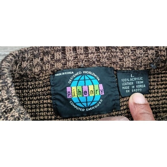 P.J. Henry Sweater Men's Size Large Black Brown Vintage 90's Leather Inserts - Picture 7 of 9